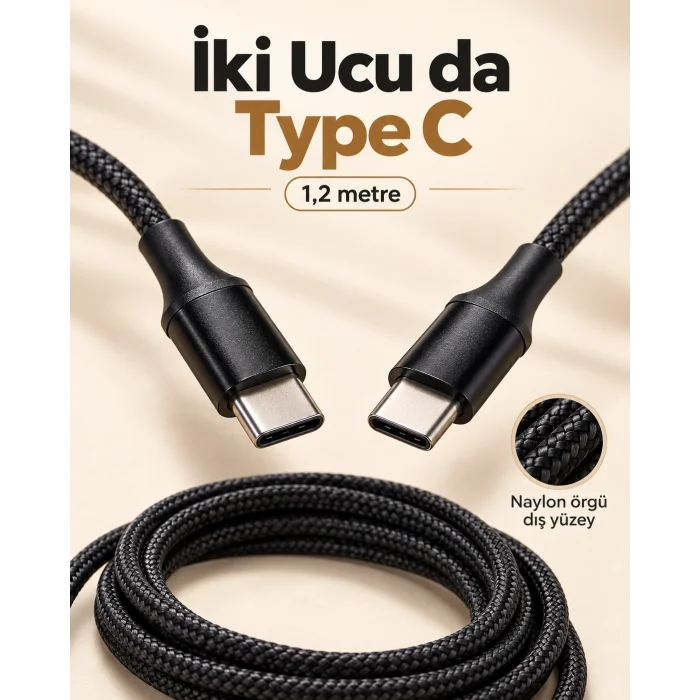 Type C to Type C LED Işıklı Şarj Kablosu 1,2 Metre