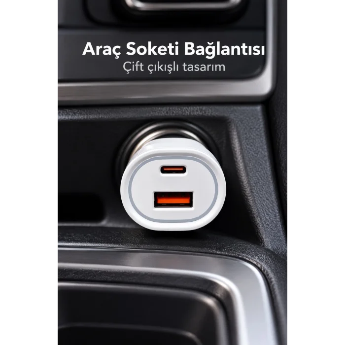 Type C ve USB A Çift Çıkışlı Araç Şarj Aleti
