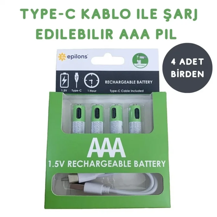 TypeC ile Şarjolabilen 4 lü AAA 1.5V Lityum İnce Şarjlı Kalem Pil 750 mAH Uzun Ömürlü