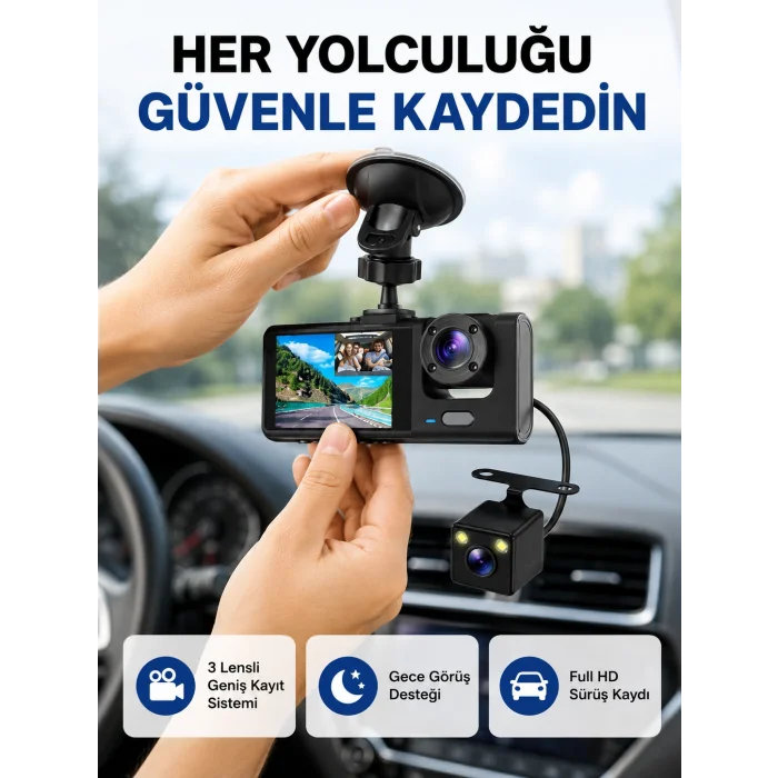 Üç Kameralı Araç İçi Kayıt Sistemi Full HD Gece Görüşlü ve G-Sensör Destekli