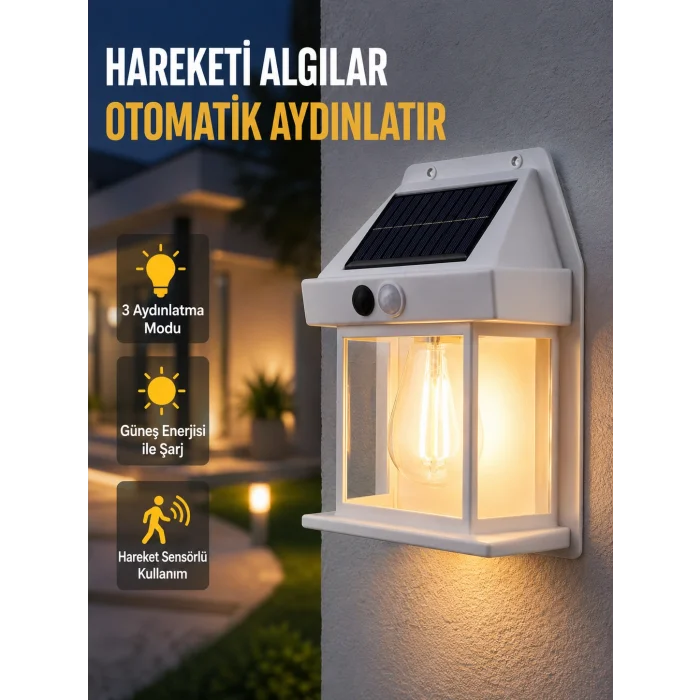 Üç Modlu Güneş Enerjili Duvar Lambası 1800mAh Bataryalı ve Hareket Sensörlü