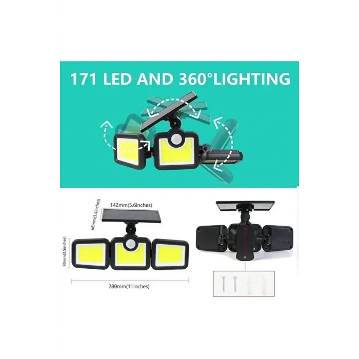 Üçlü Solar Led Projektör – Beyaz Işık – Sensörlü Dış Mekân Aydınlatma (5047)