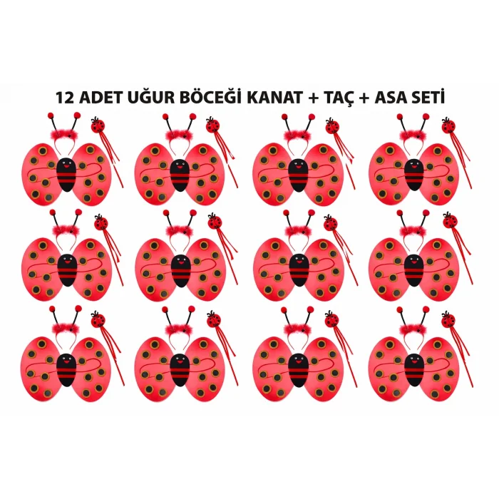 Uğur Böceği Kostüm Seti - Kanat Taç Asa 3 Parça 12 Adet (5047)