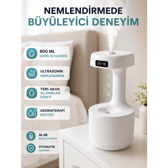 Ultrasonik Hava Nemlendirici 800 ml Aromaterapi Difüzör Ters Su Damlası Efektli