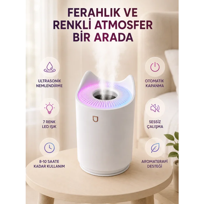 Ultrasonik Hava Nemlendirme Cihazı 7 Renk LED Aromaterapi Difüzör