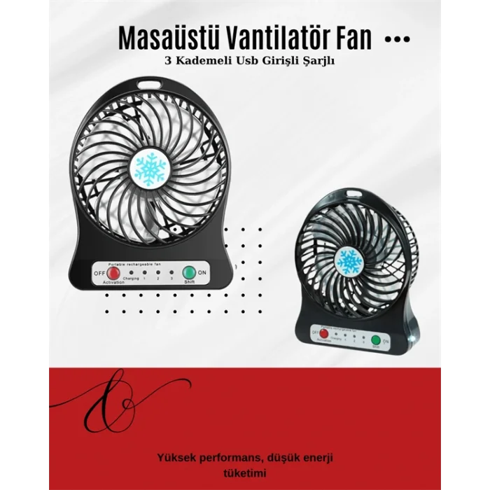 USB Girişli Taşınabilir Masaüstü Mini Fan – 3 Kademeli Hız, Şarjlı, Işıklı, Sessiz Çalışma