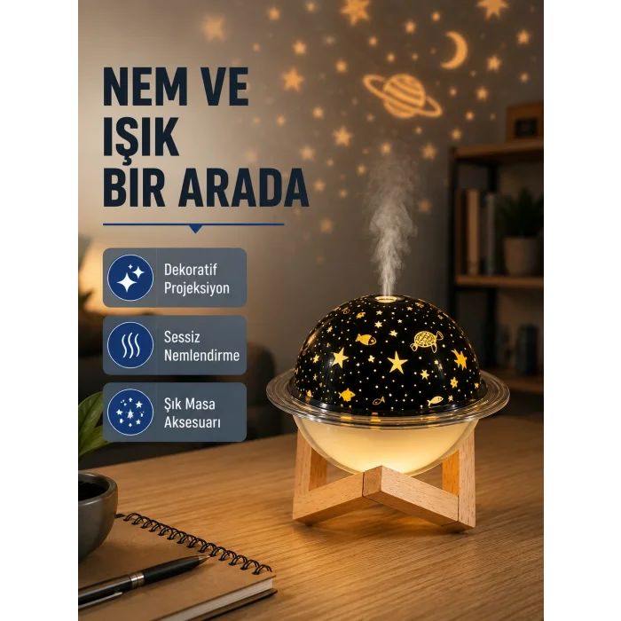 USB Projeksiyon Gece Lambası ve Hava Nemlendirici – Aromaterapi Destekli, Taşınabilir Mini