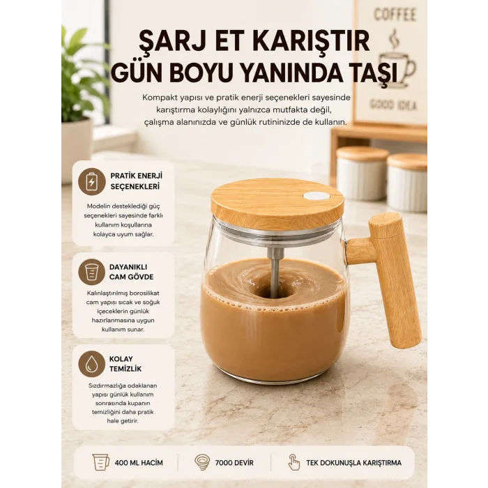 USB Şarjlı Akıllı Karıştırıcı Kupa – Isıtma Altlıklı, IP6 Su Geçirmez Yeni Nesil