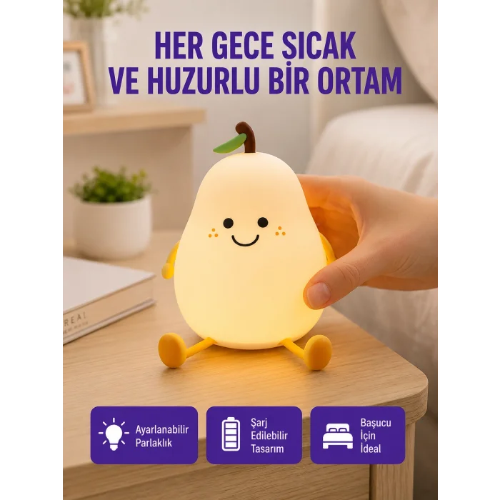 USB Şarjlı Armut Gece Lambası Dokunmatik Renk Değişimli