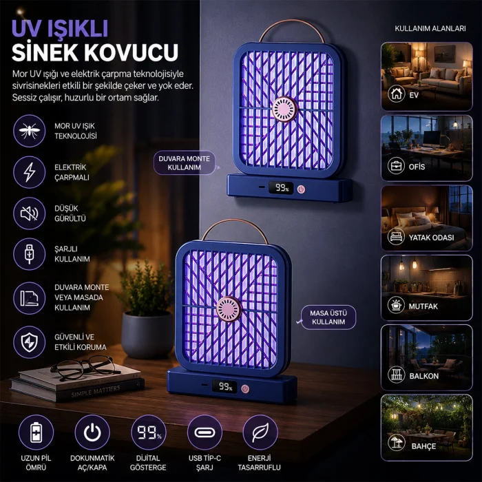 USB ŞARJLI - ELEKTRİK ÇARPMALI - DİJİTAL EKRAN ASMA APARAT - SESSİZ ÇALIŞMA UV IŞIKLI SİNEK KOVUCU HS-371 (5047)