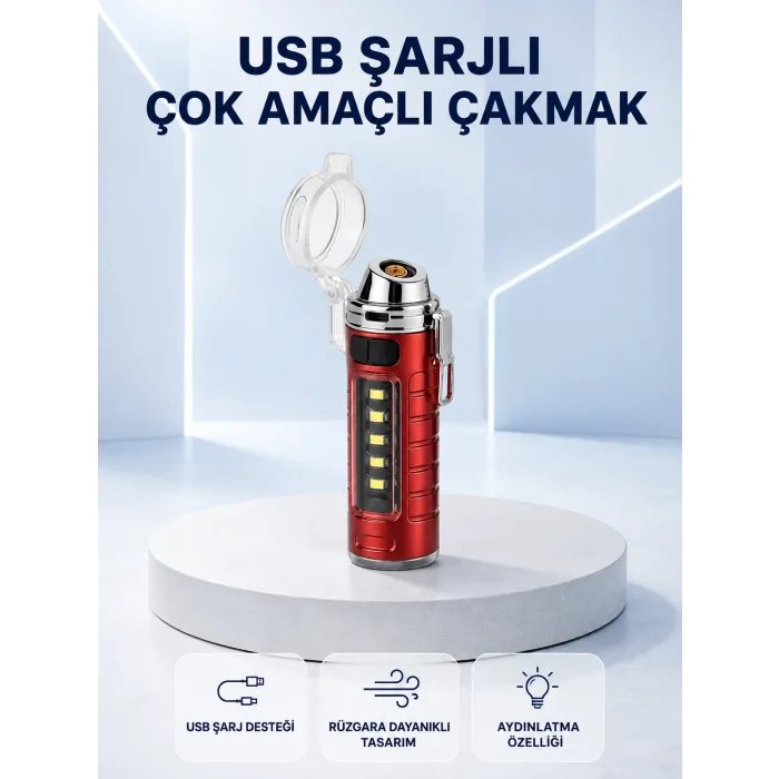 USB Şarjlı Rüzgar Geçirmez Elektrikli Çakmak El Fenerli