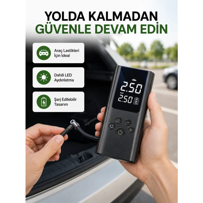 USB Şarjlı Taşınabilir Hava Kompresörü Dijital Ekranlı
