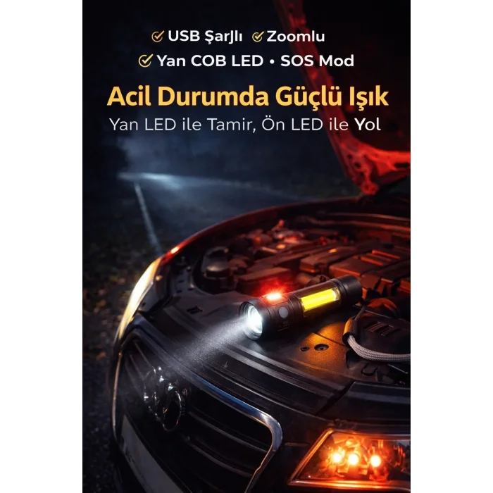 Usb Şarjlı Zoomlu Mini El Feneri Q5 Güçlü Işık Yan Cob Led Sos Mod Kutulu Acil Durum Işığı