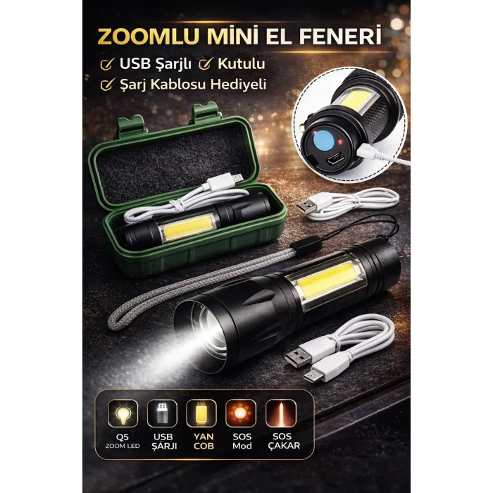 Usb Şarjlı Zoomlu Mini El Feneri Q5 Güçlü Işık Yan Cob Led Sos Mod Kutulu Şarj Kablolu Set