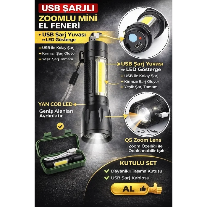 Usb Şarjlı Zoomlu Mini El Feneri Q5 Güçlü Işık Yan Cob Led Sos Mod Kutulu Taşınabilir