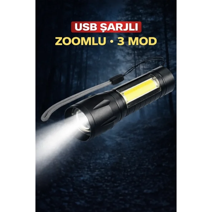 Usb Şarjlı Zoomlu Mini El Feneri Q5 Güçlü Işık Yan Cob Led Sos Mod Kutulu Taşınabilir