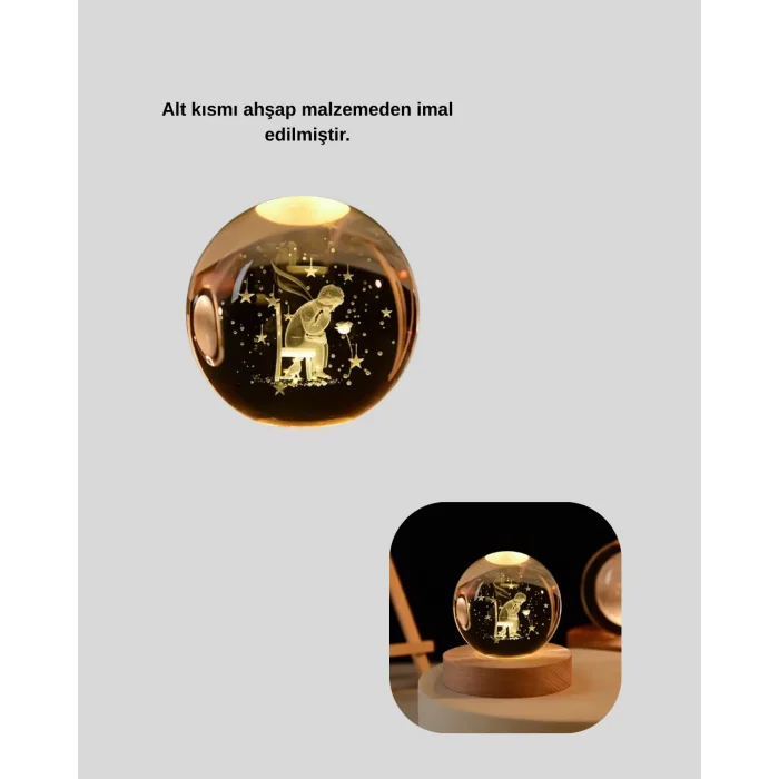 USB’li Küçük Prens Işıklı Cam Küre Ahşap Altlıklı Dekoratif Lamba