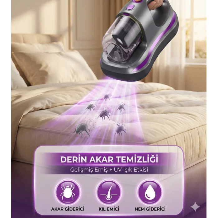 UV Işık Teknolojili Güçlü Motorlu Yatak Temizleme Cihazı - %99,9 Akar Giderme Özelliği ile