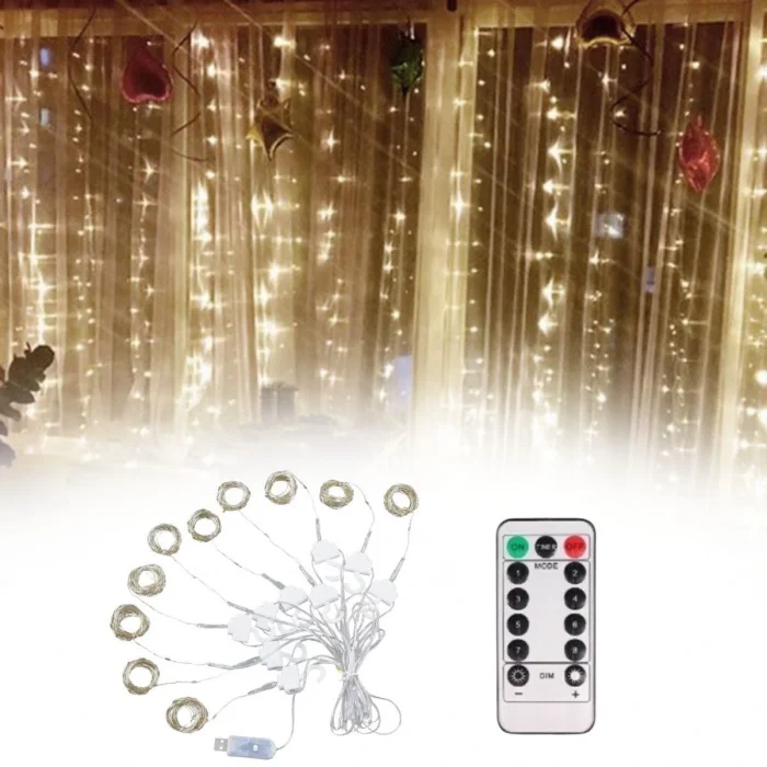 Uzaktan Kumandalı LED Perdeye Takılabilen Kancalı Işık Usb 3x3 Metre Peri Perde LED (5047)