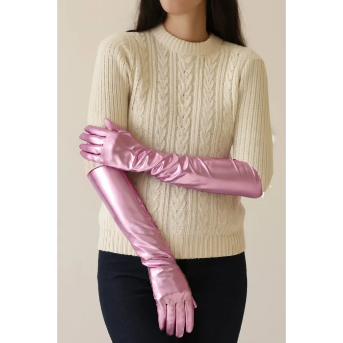Uzun Boy Ekstra Parlak Eldiven Pembe Renk İç Kısım Vinleks Deri Dirsek Boyu