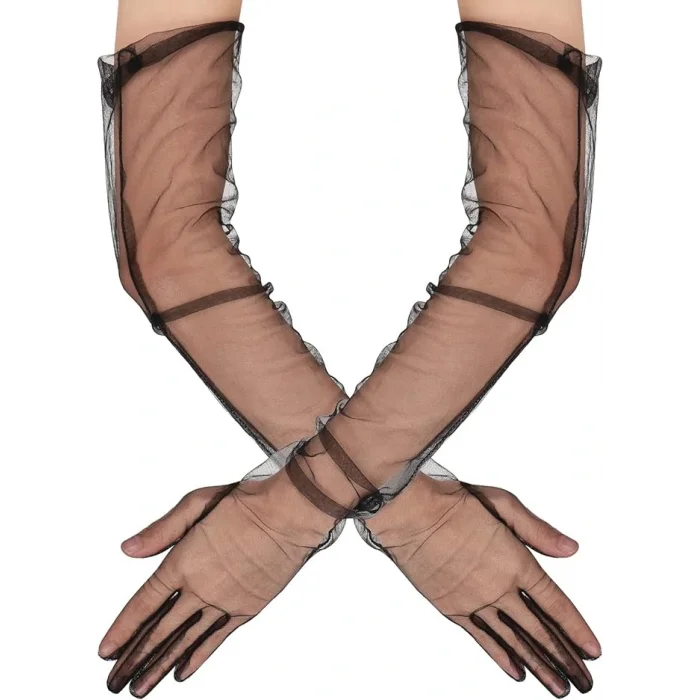 Uzun Boy Likralı Siyah Renk Yetişkin Mega Tül Eldiven 53 cm (5047)