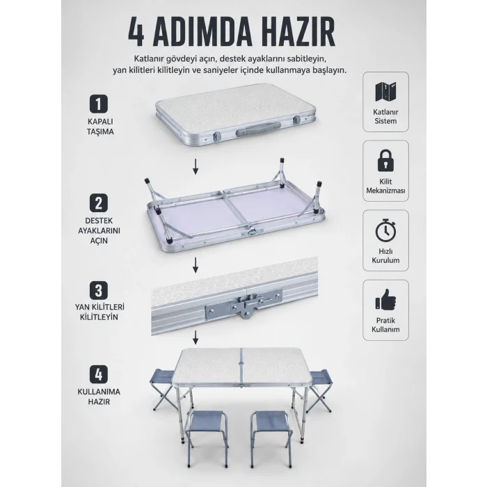 Valiz Tipi Katlanabilir Piknik Masası 4 Tabureli Taşınabilir Kamp Masası