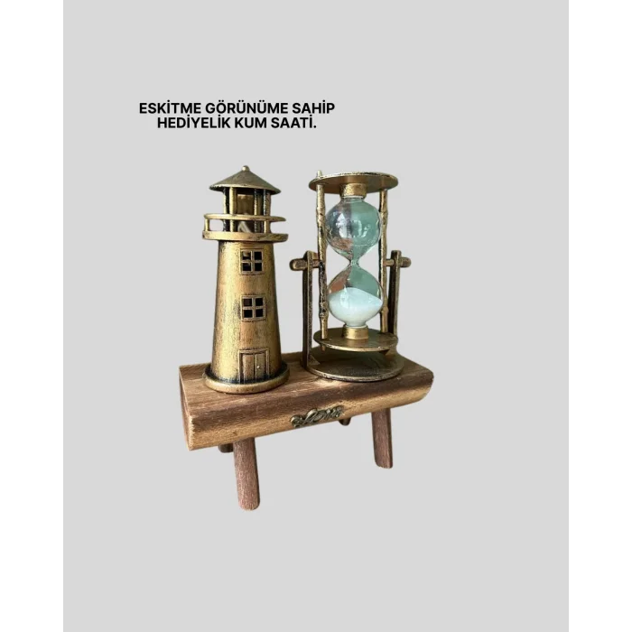 Vintage Kum Saati + Deniz Feneri Modeli – Ahşap Gövdeli Masa Üstü Dekor