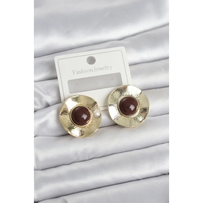 Vintage Model Kahverengi Gold Renk Pirinç Kadın Küpe