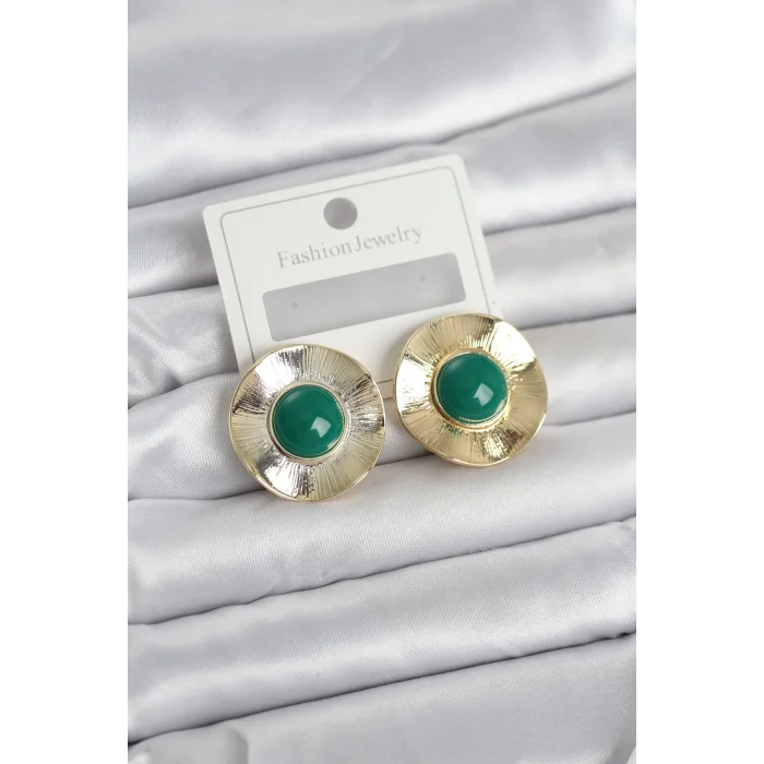 Vintage Model Yeşil Gold Renk Pirinç Kadın Küpe