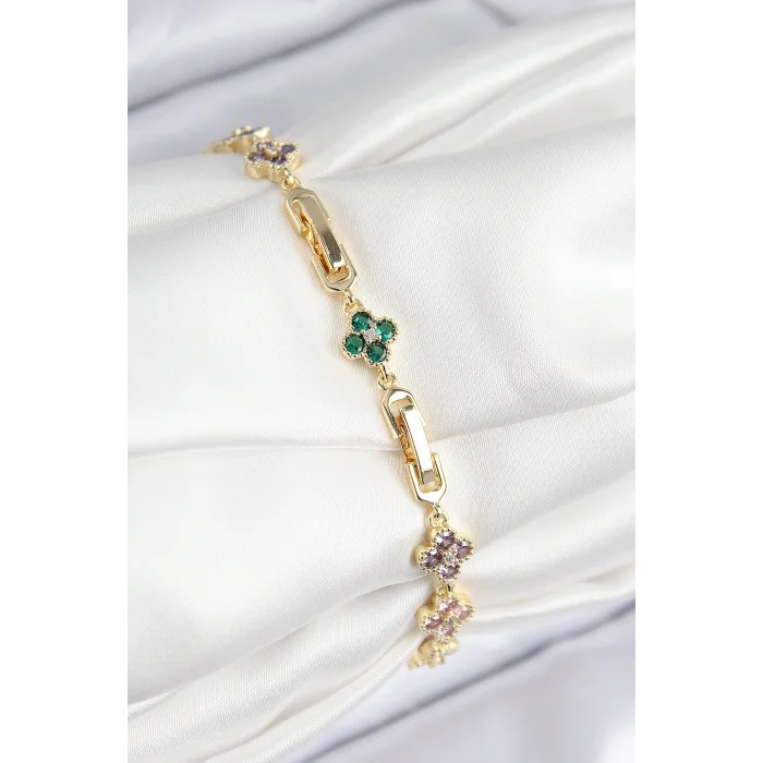 VIP Pirinç Renkli Zirkon Taşlı Yonca Model Gold Renk Kadın Bileklik