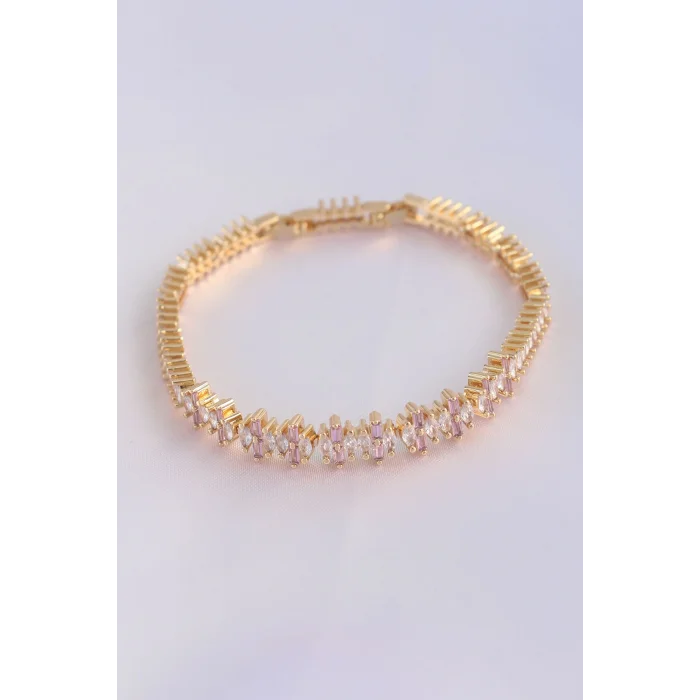 Vip Seri Pirinç Pembe Zirkon Taşlı Gold Renk Baget Model Bileklik