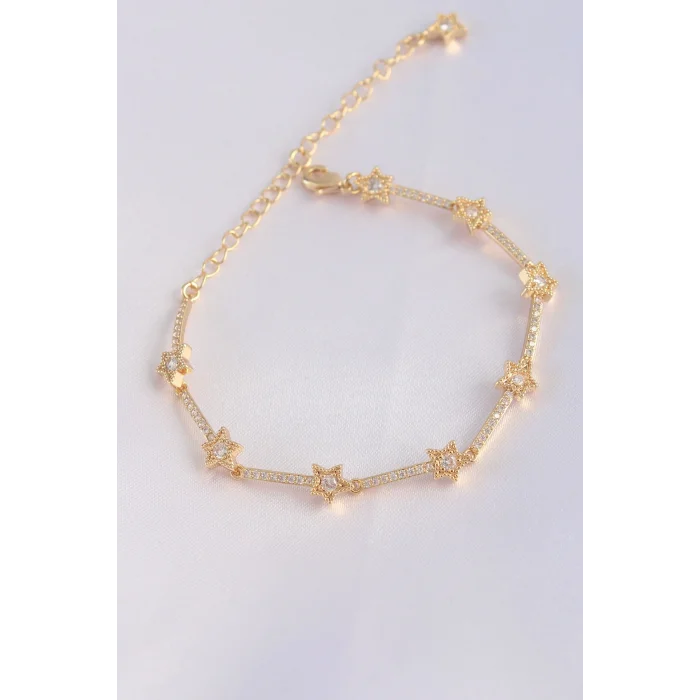 Vip Seri Pirinç Zirkon Taşlı Gold Renk Halley Model Bileklik