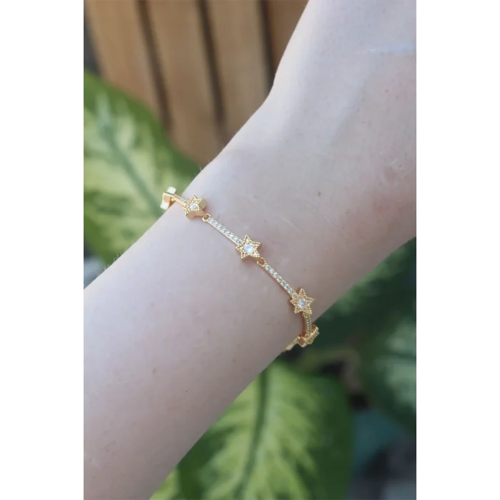 Vip Seri Pirinç Zirkon Taşlı Gold Renk Halley Model Bileklik
