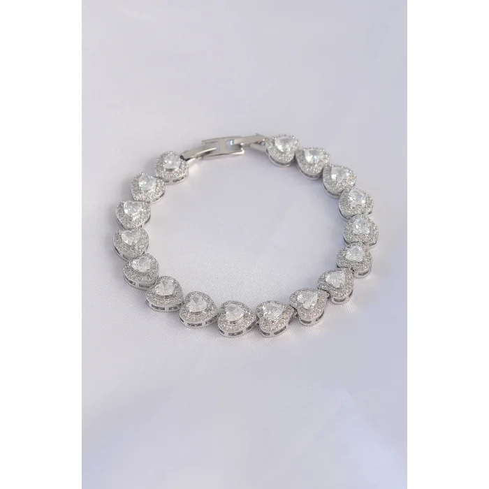 Vip Seri Pirinç Zirkon Taşlı Gümüş Renk Kalp Model Bileklik