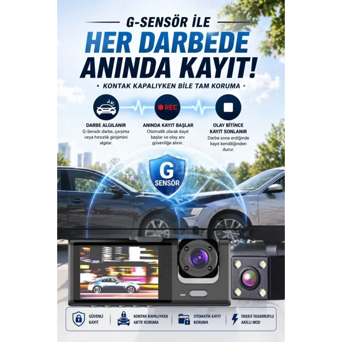 Wifi 1080p 3 Kameralı Araç İçi Kamera Lcd Ekranlı Gece Görüşlü G Sensörlü Geniş Açılı