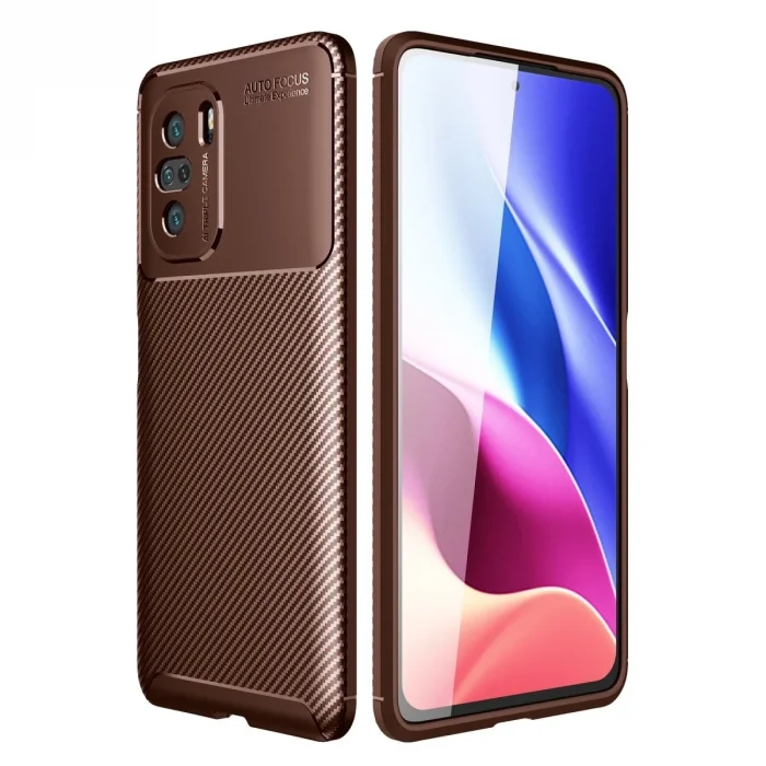 Xiaomi Poco F3 Kılıf Auto Focus Karbon Kapak - Kahverengi