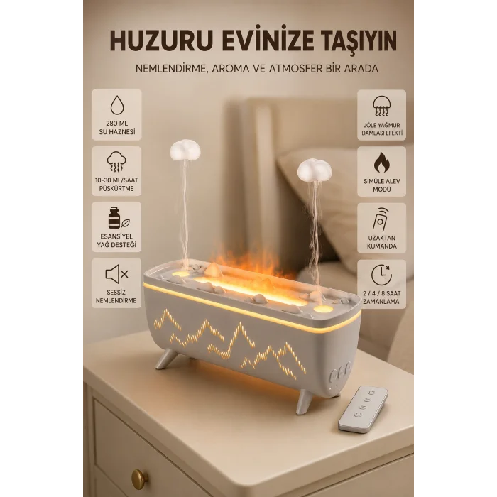 Yağmur Efektli Hava Nemlendirici 280 ML Aromaterapi Difüzörü Alev Modlu Uzaktan Kumandalı