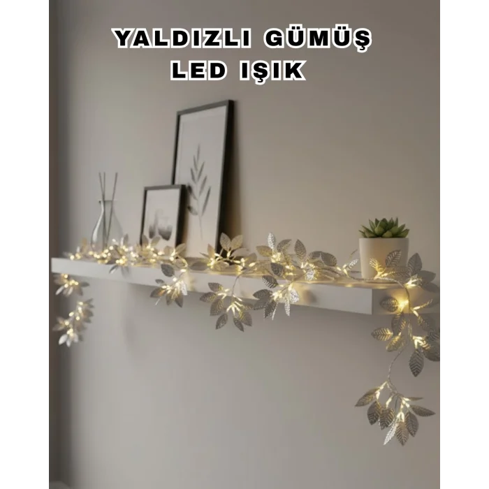 Yaldızlı Gümüş Yaprak LED Işık Pilli Dekoratif Ortam ve Yılbaşı Aydınlatması