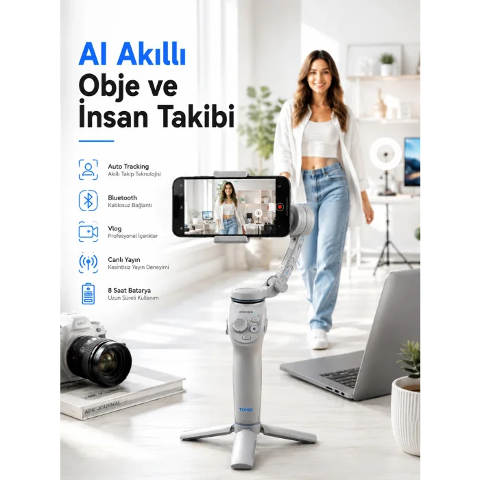 Yapay Zeka Takipli Telefon Gimbali Katlanabilir Tripod Bluetooth Kontrollü Dahili LED Işıklı