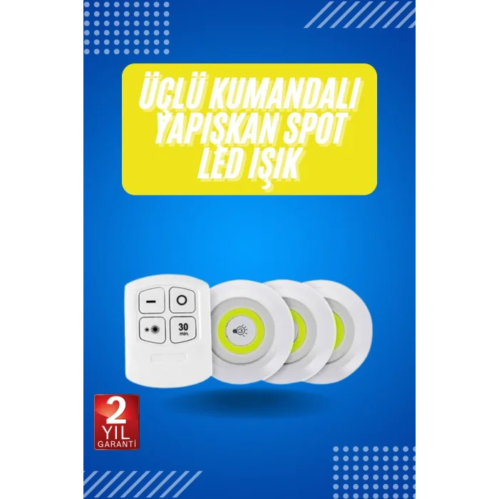 Yapışkanlı 3lü Spot Led Işık Lamba Montajsız Pilli Uzaktan Kumandalı