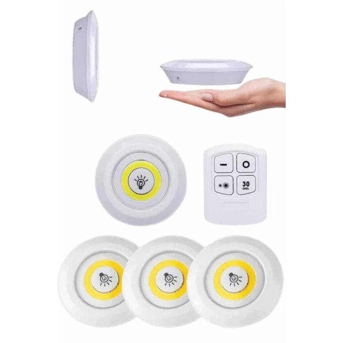 Yapışkanlı 3lü Spot Led Işık Lamba Montajsız Pilli Uzaktan Kumandalı