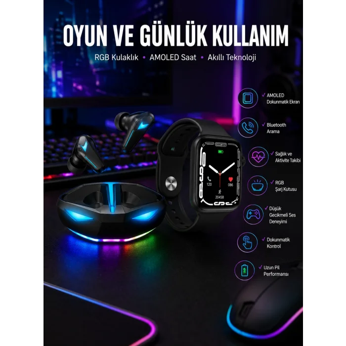 Yeni Nesil Akıllı Saat ve Kablosuz Kulaklık Kampanyası İkili Set Bluetooth Bağlantılı