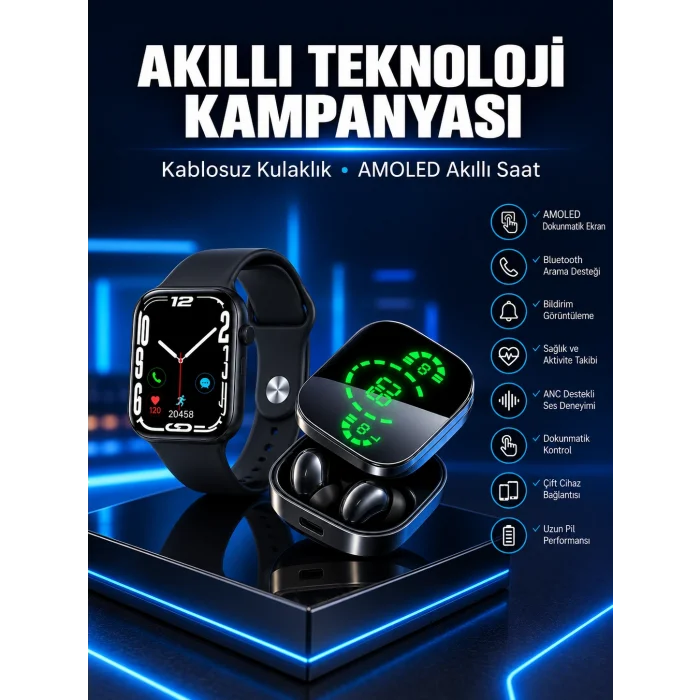 Yeni Nesil Akıllı Saat ve Ucuz Kaliteli Bluetooth Kablosuz Kulaklık Amoled Ekran