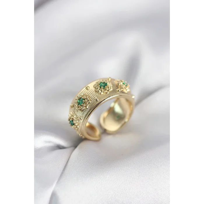Yeşil Zirkon Taşlı Gold Renk Vintage Kadın Yüzük