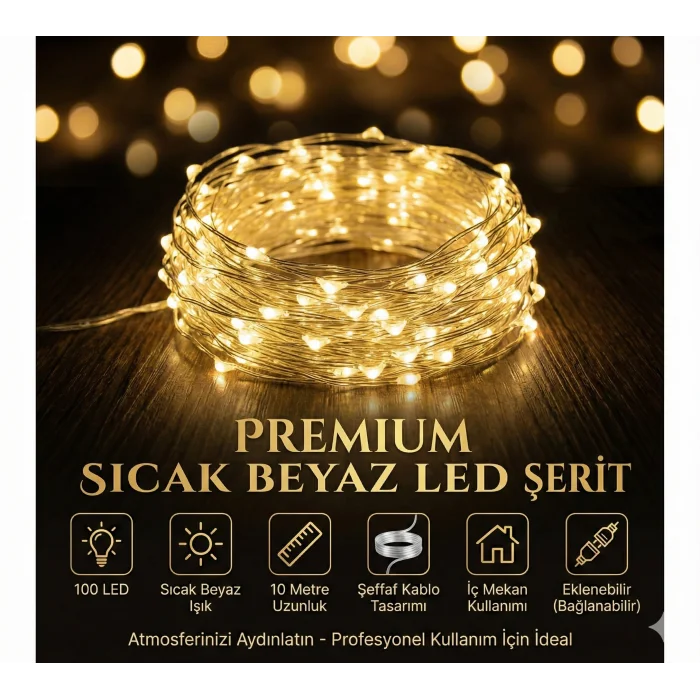 Yılbaşı Aydınlatması 100 LED Perde Hortum Sıcak Beyaz Işık - 10 Metre Dekoratif Şeffaf Kablolu Süs