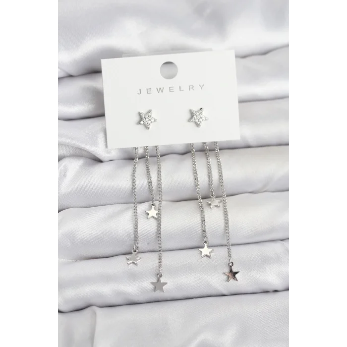 Yıldız Model Gümüş Renk Pirinç Sallantılı Kadın Küpe