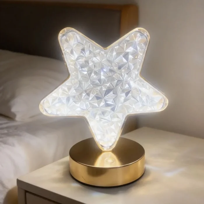 Yıldız Model Kristal LED Masa Lambası – Dokunmatik, 3 Renk Işık Modlu, Şarjlı Mini Dekoratif Gece Lambası
