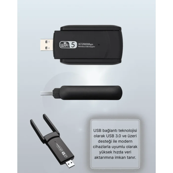 Yüksek Hızlı 1200 Mbps Çift Bant USB WiFi Adaptör – Güçlü Sinyal, Geniş Uyumluluk