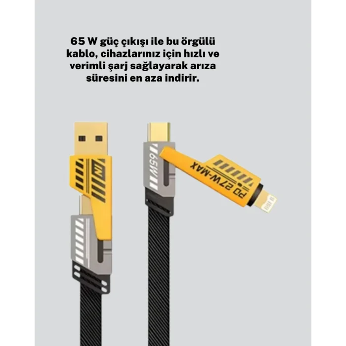 Yüksek Hızlı 65W Güç Çıkışlı Çoklu Cihaz Uyumlu Şarj Kablosu