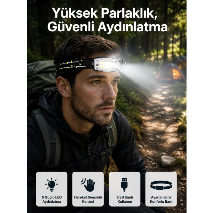 Yüksek Işıklı Şarjlı ve Sensörlü LED Kafa Lambası Kamp Lambası